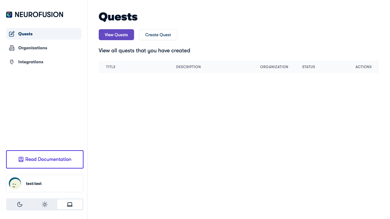 NeuroFusion dashboard with sidebar navigation and quests table