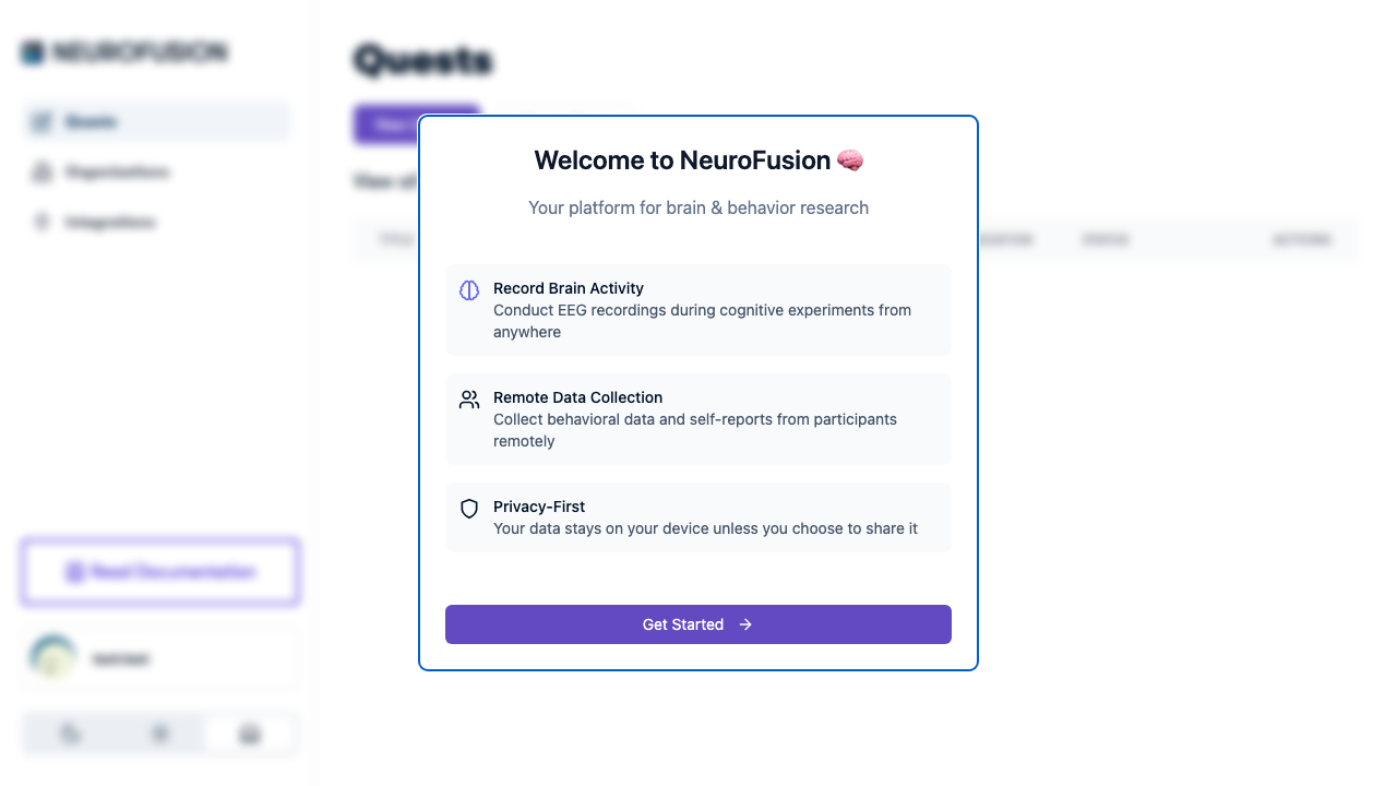 Welcome to NeuroFusion dialog showing platform features and Get Started button