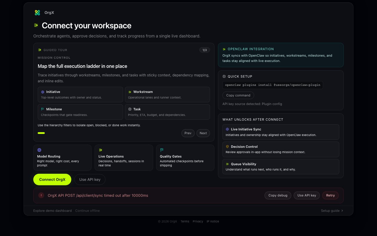 OpenClaw OrgX dashboard onboarding panel