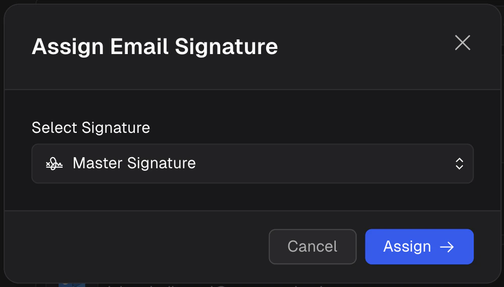 Assign Email Signature dialog with a Select Signature dropdown showing Master Signature
