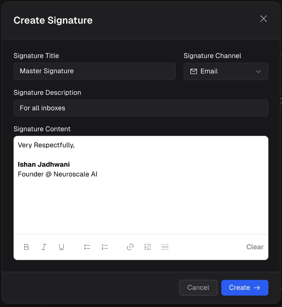Create Signature dialog showing title, channel, description, and rich text editor with a sample signature