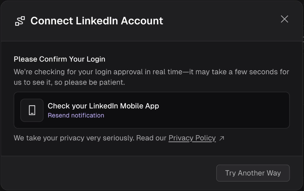 Connect LinkedIn Account dialog showing Please Confirm Your Login with a prompt to check your LinkedIn Mobile App