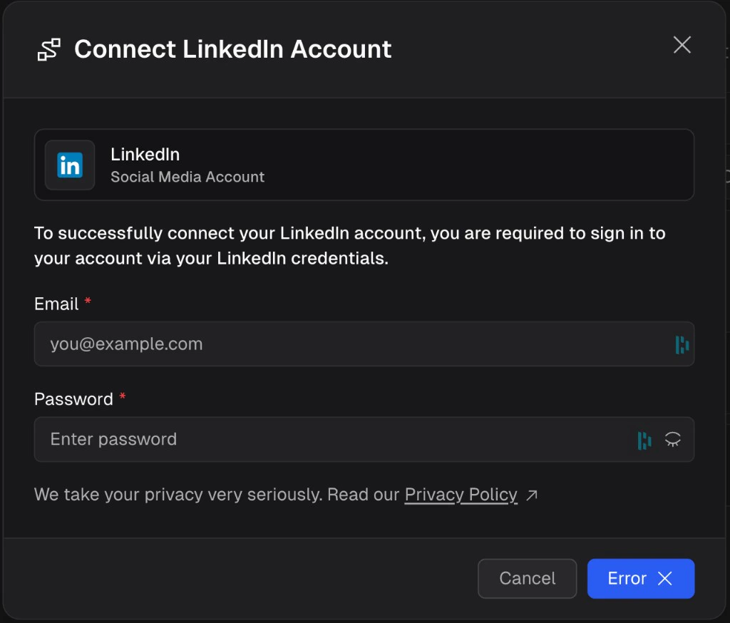 Connect LinkedIn Account dialog with email and password fields and a privacy policy link