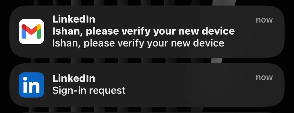 Mobile push notifications from LinkedIn showing verify your new device and sign-in request
