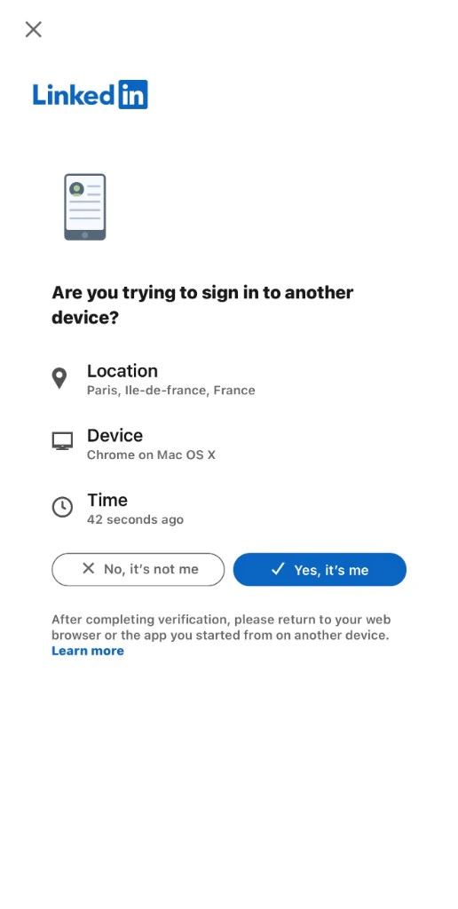 LinkedIn Are you trying to sign in to another device verification page showing location, device, and time with Yes it's me button