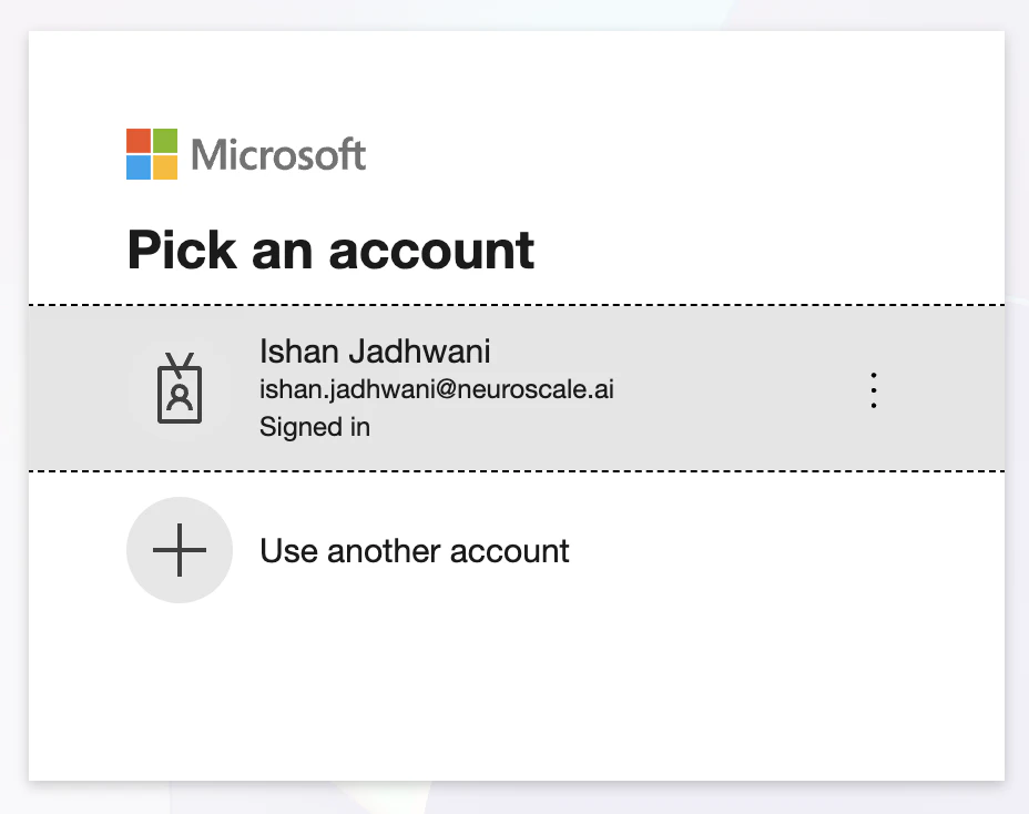 Microsoft Pick an account screen showing a signed-in account and an option to use another account