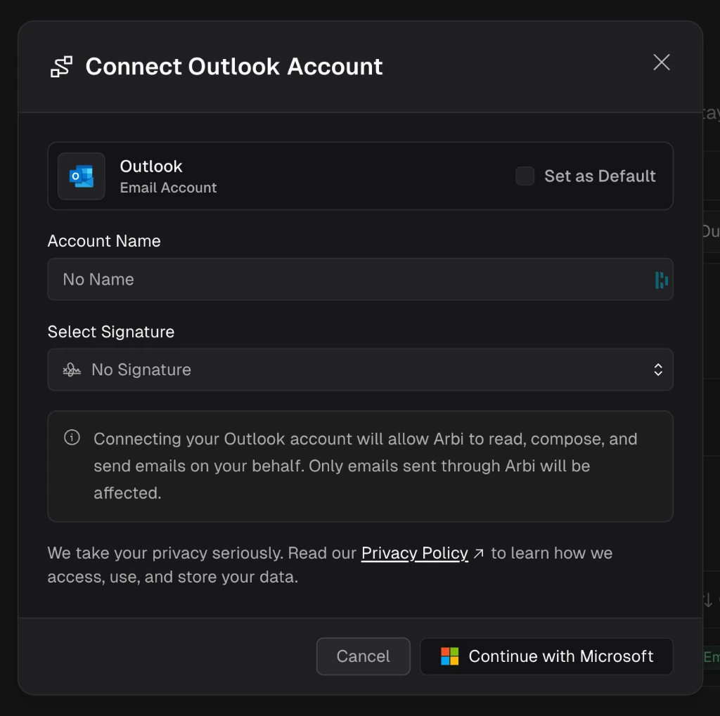 Connect Outlook Account dialog showing account name, signature selection, and privacy notice