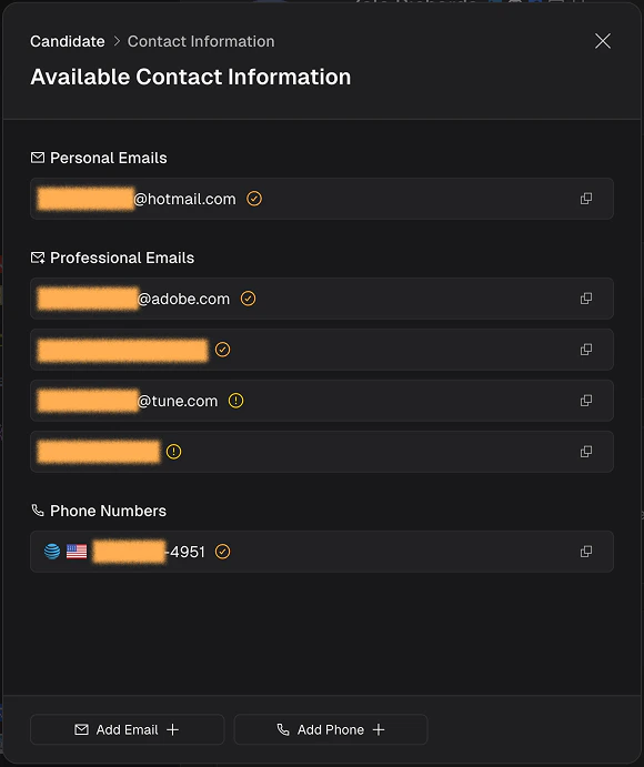 Available Contact Information panel showing verified personal and professional emails and phone numbers