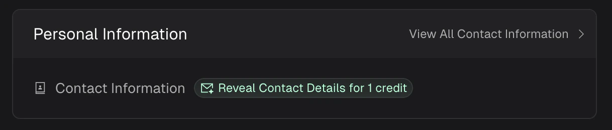 Personal Information section showing the green Reveal Contact Details for 1 credit button