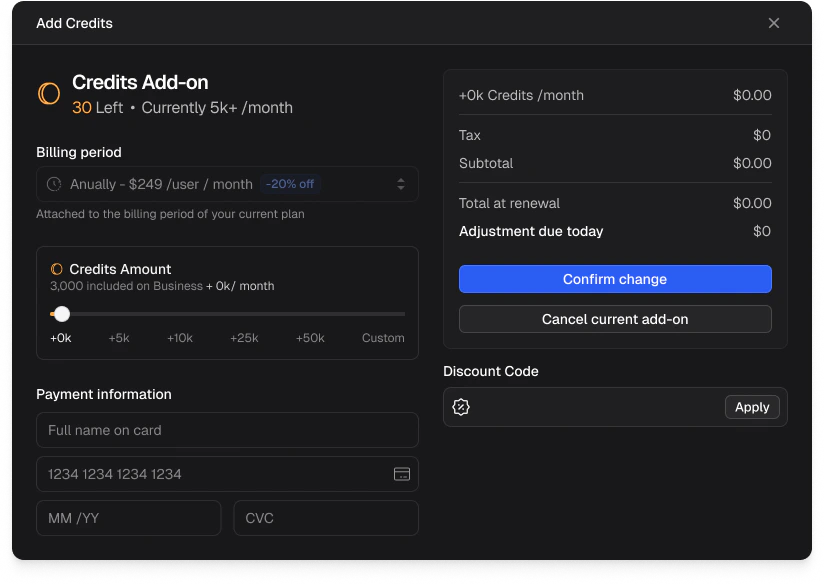 Add Credits dialog showing credit amount slider, billing period, payment information, and discount code fields