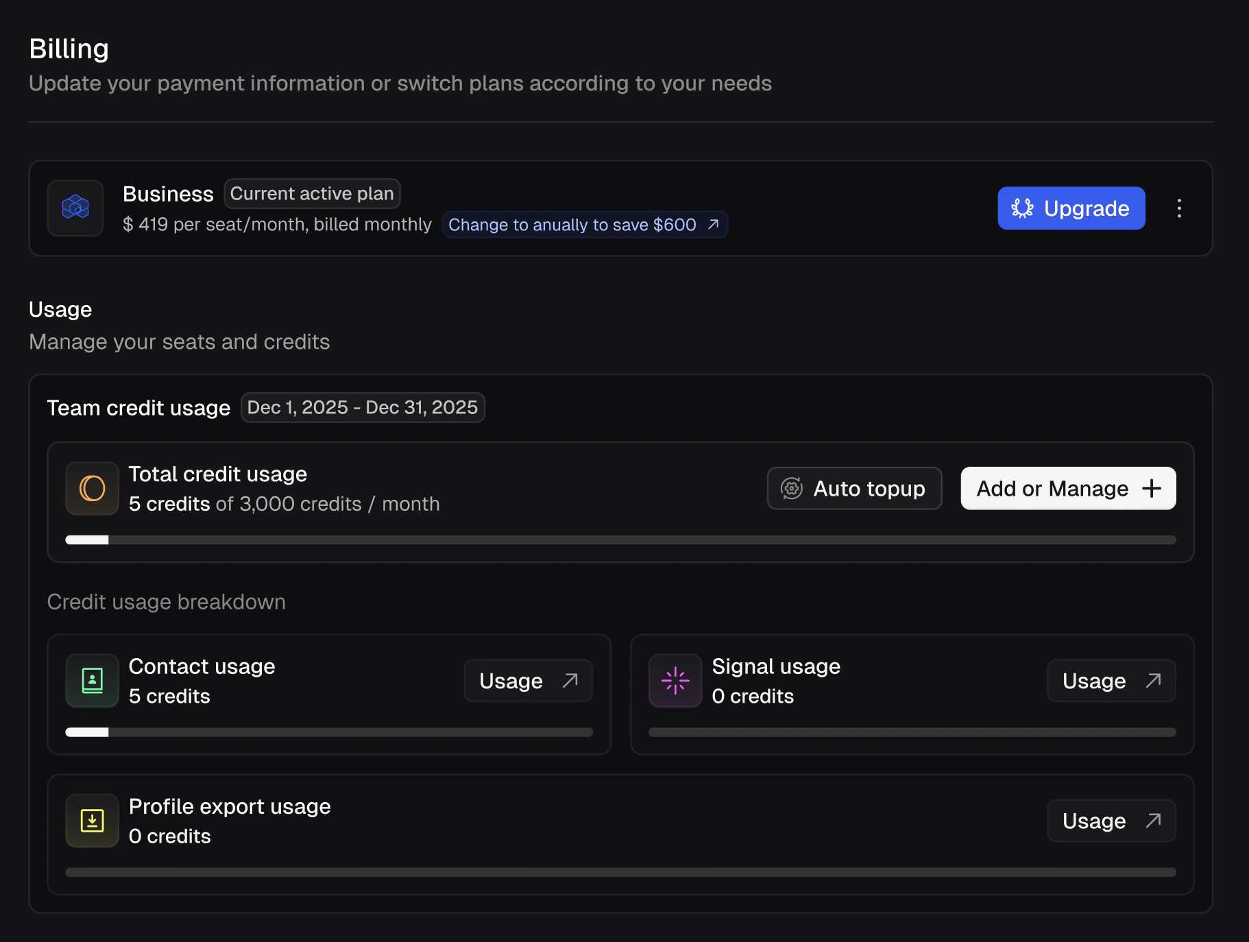 Billing settings page showing team credit usage with progress bars for Contact usage, Signal usage, and Profile export usage