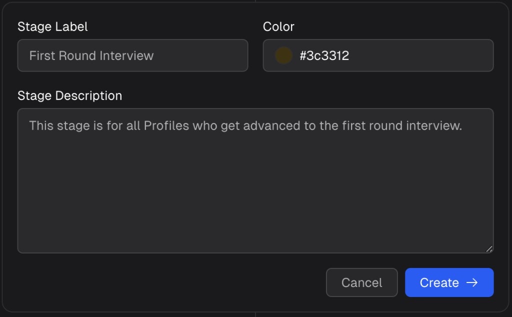 Create stage dialog showing Stage Label set to First Round Interview with a gold color and a stage description