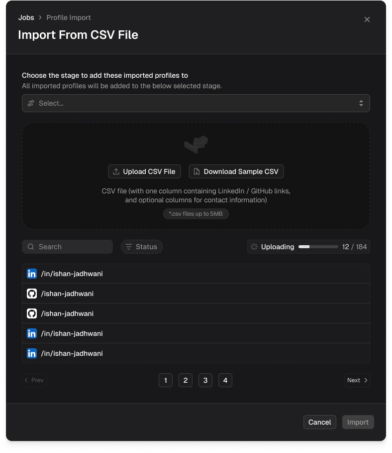 Import From CSV File dialog showing a stage selector, Upload CSV File and Download Sample CSV buttons, and a list of LinkedIn and GitHub profile URLs being uploaded