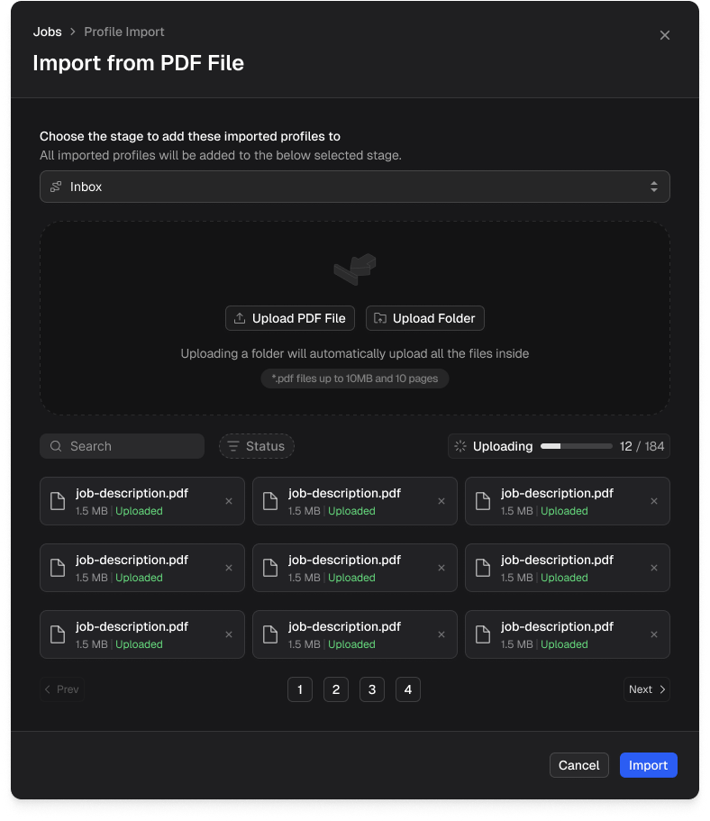 Import From Search dialog showing Application Review stage selected and multiple candidates tagged for import