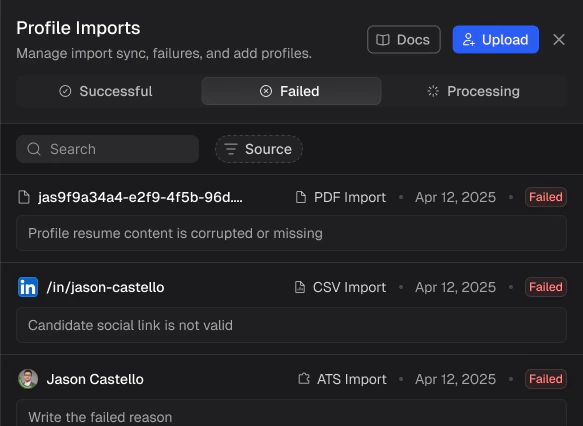 Profile Imports panel with the Failed tab active showing three failed imports with reasons for PDF Import, CSV Import, and ATS Import