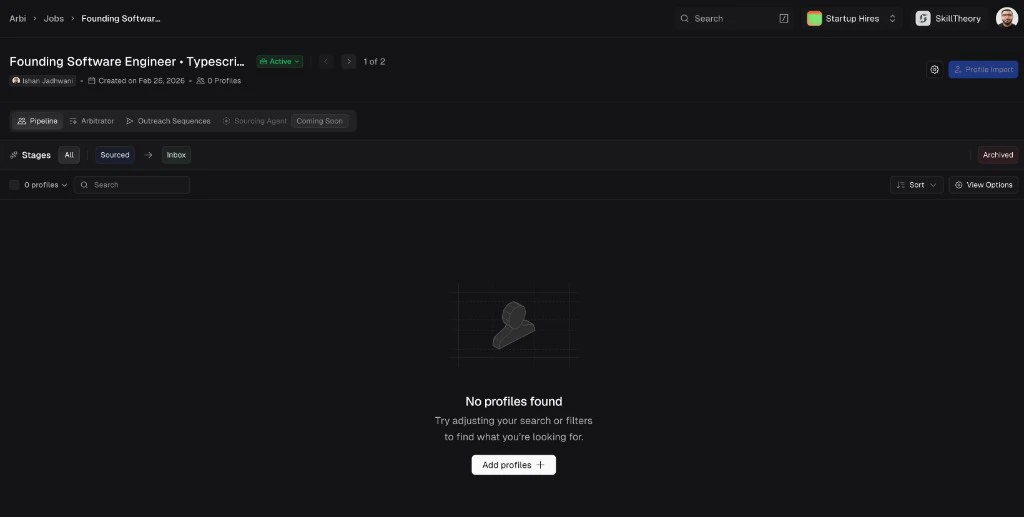 Job pipeline view showing Sourced and Inbox stage tabs, 0 Profiles, and buttons for Profile Import, Sort, and View Options