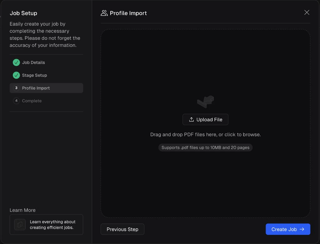 Job Setup wizard Profile Import step showing an Upload File area that accepts PDF files up to 10MB and 20 pages