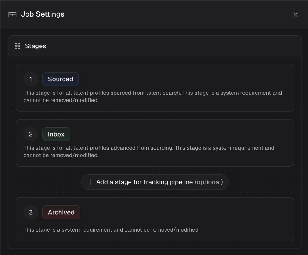 Job Settings dialog showing the Stages section with Sourced, Inbox, and Archived stages and an option to add a stage for tracking pipeline