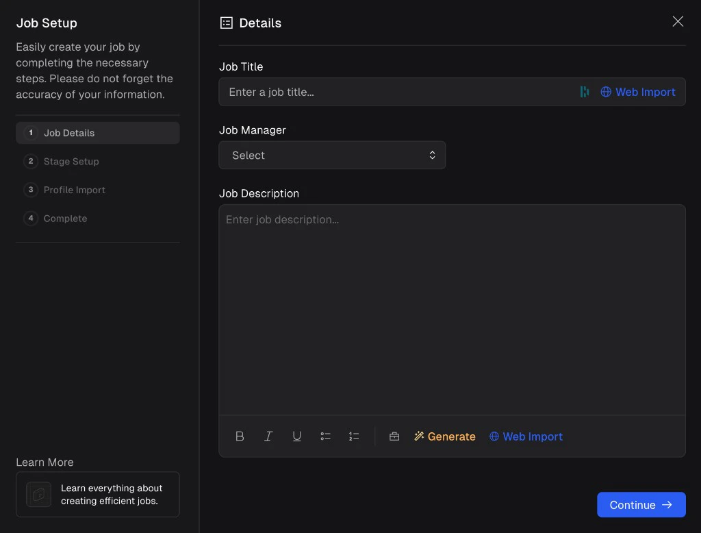 Job Setup wizard Step 1 showing empty Job Title, Job Manager, and Job Description fields