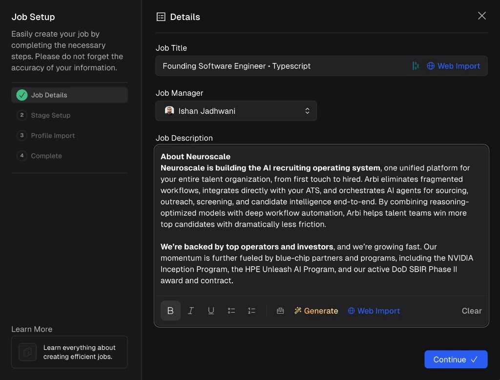 Job Setup wizard showing a completed form with Founding Software Engineer title, Ishan Jadhwani as manager, and a full job description imported from the web