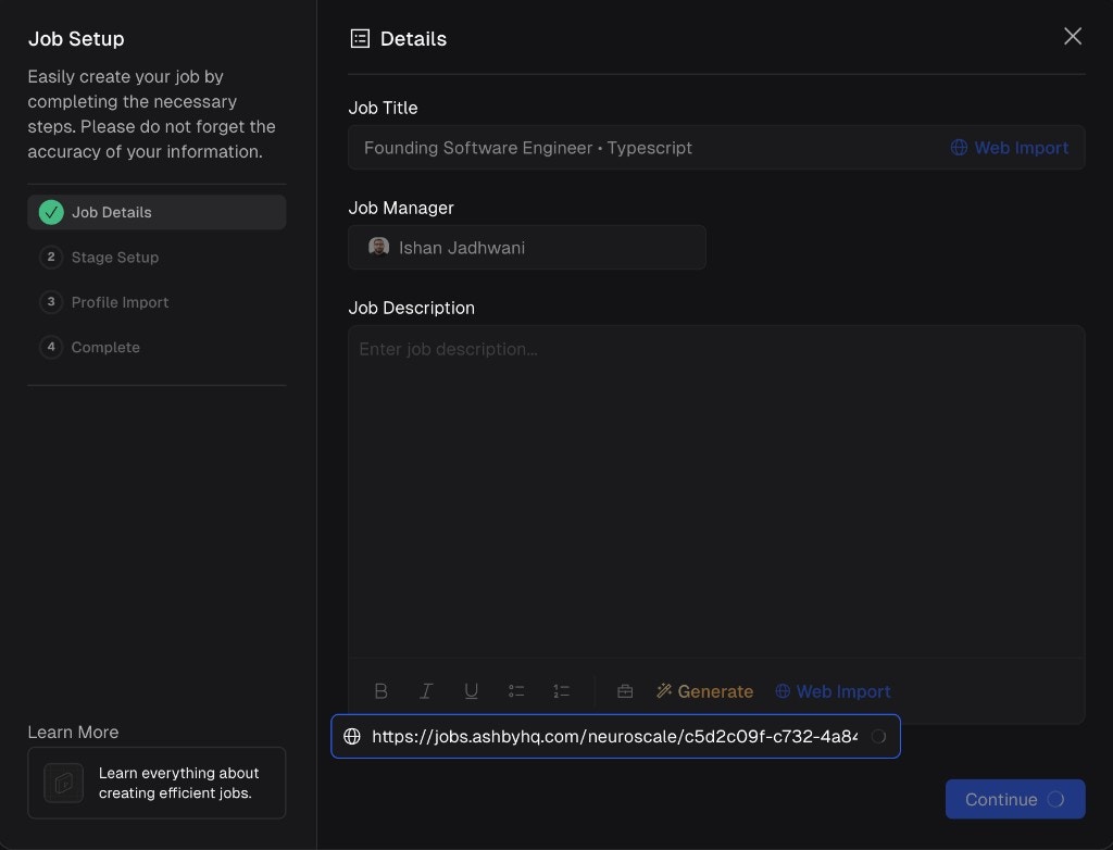 Job Setup wizard showing a job title filled in and an Ashby job board URL pasted for Web Import
