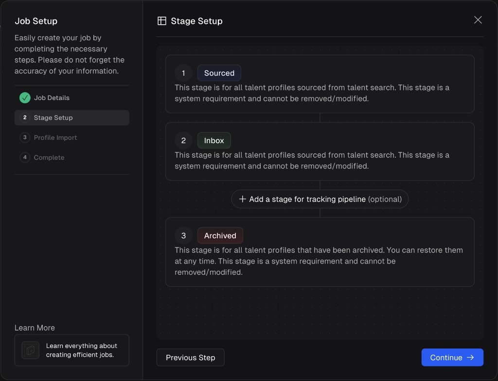 Job Setup wizard Stage Setup showing three default stages: Sourced, Inbox, and Archived, with an option to add a stage for tracking pipeline