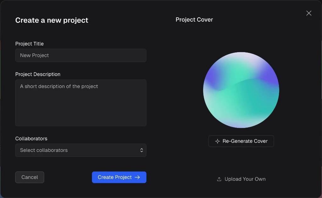 Create a new project dialog showing Project Title, Project Description, Collaborators fields, and a generated project cover with Re-Generate Cover and Upload Your Own options