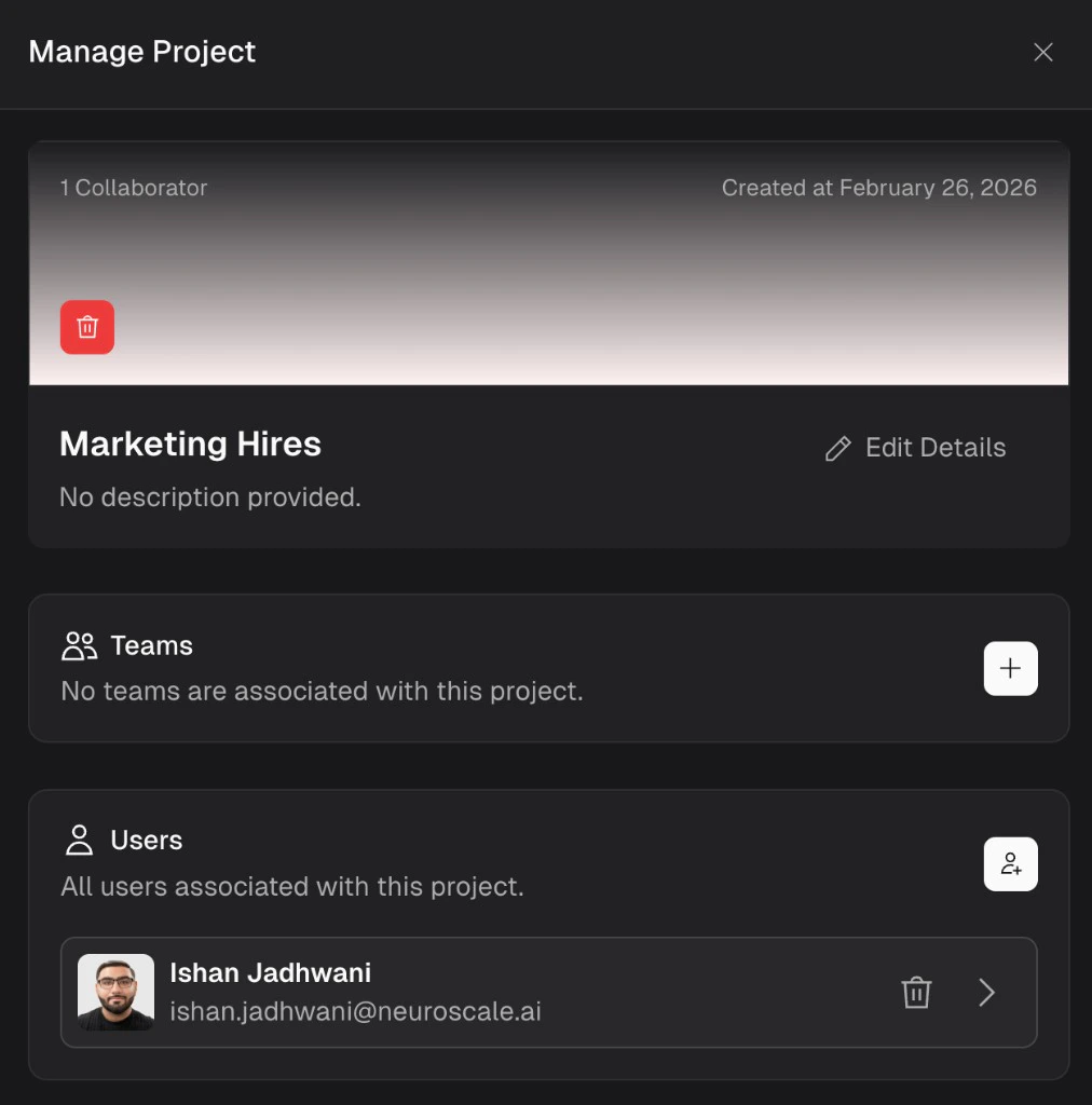 Manage Project dialog showing project cover with delete button, project title and description with Edit Details, Teams section, and Users section with a collaborator listed