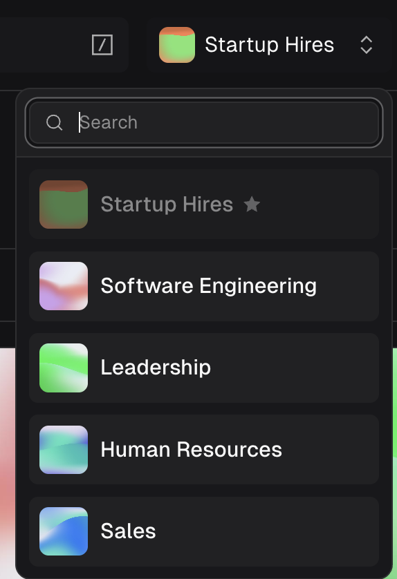 Project switcher dropdown showing a search bar and a list of projects including Startup Hires (starred), Software Engineering, Leadership, Human Resources, and Sales