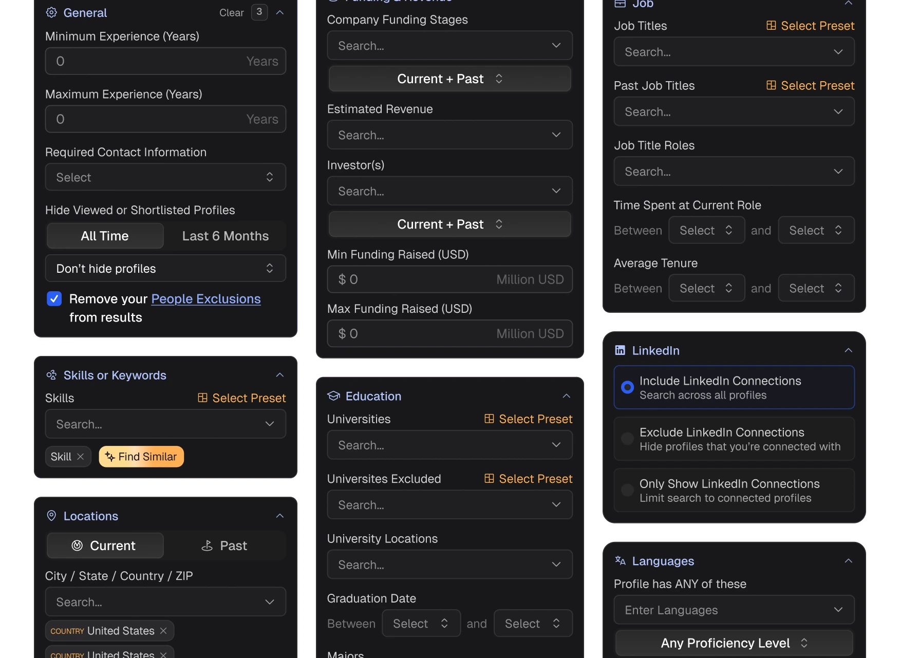 Manual filter panel showing General, Skills, Locations, Job, Company, Education, LinkedIn, and Languages filter groups