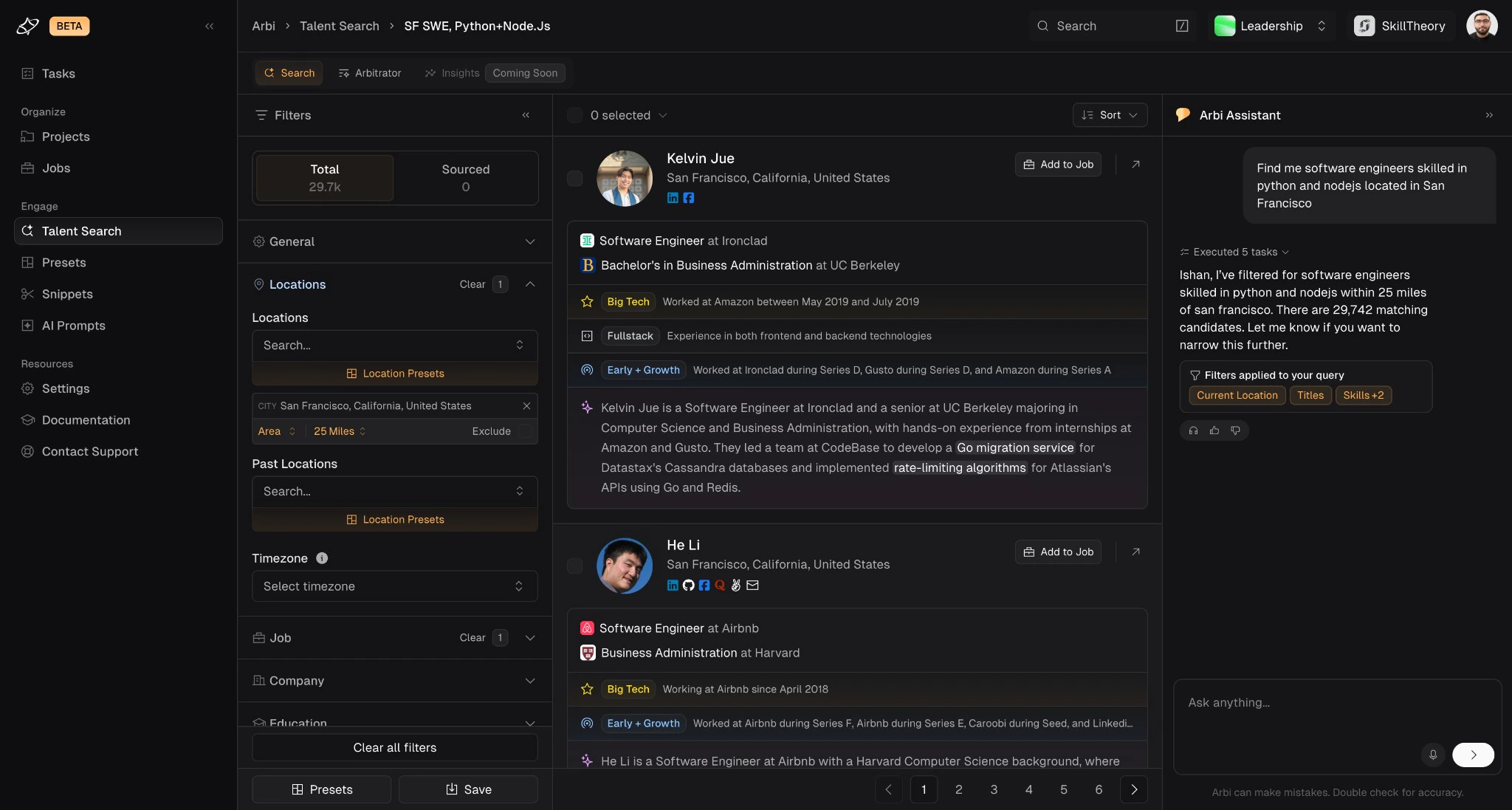 Search results view with filters on the left, candidate cards in the center, and the Arbi Assistant chat panel on the right