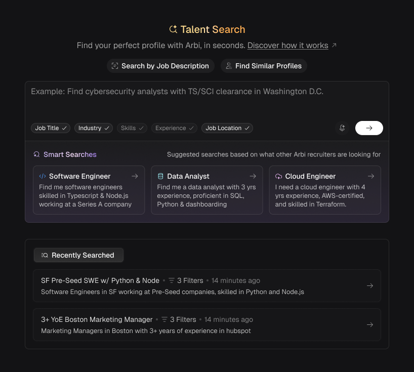 Talent Search home screen showing Smart Search cards and the natural-language search bar