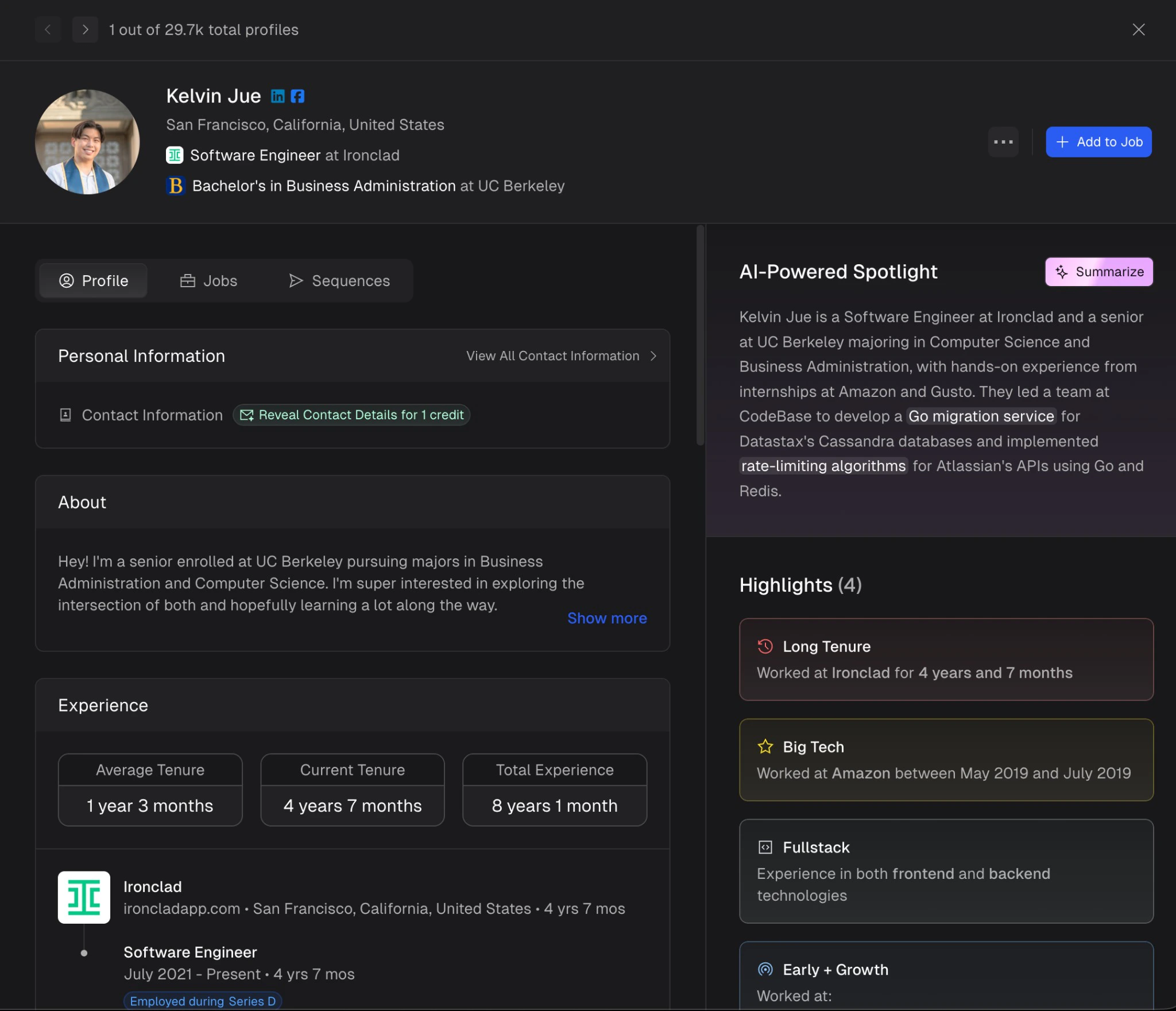 Candidate profile view showing personal information, experience timeline, AI-Powered Spotlight summary, and highlight badges
