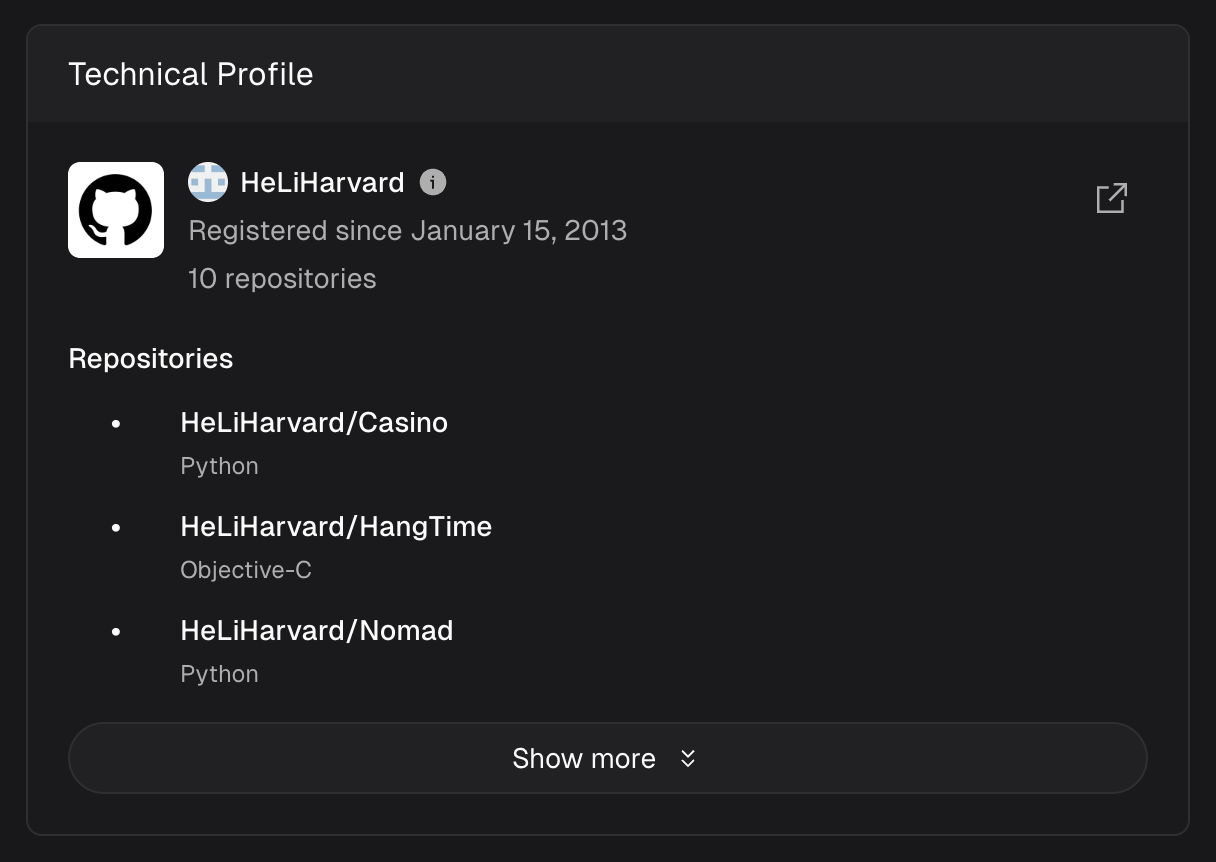 Technical Profile card showing a GitHub account with repositories and programming languages