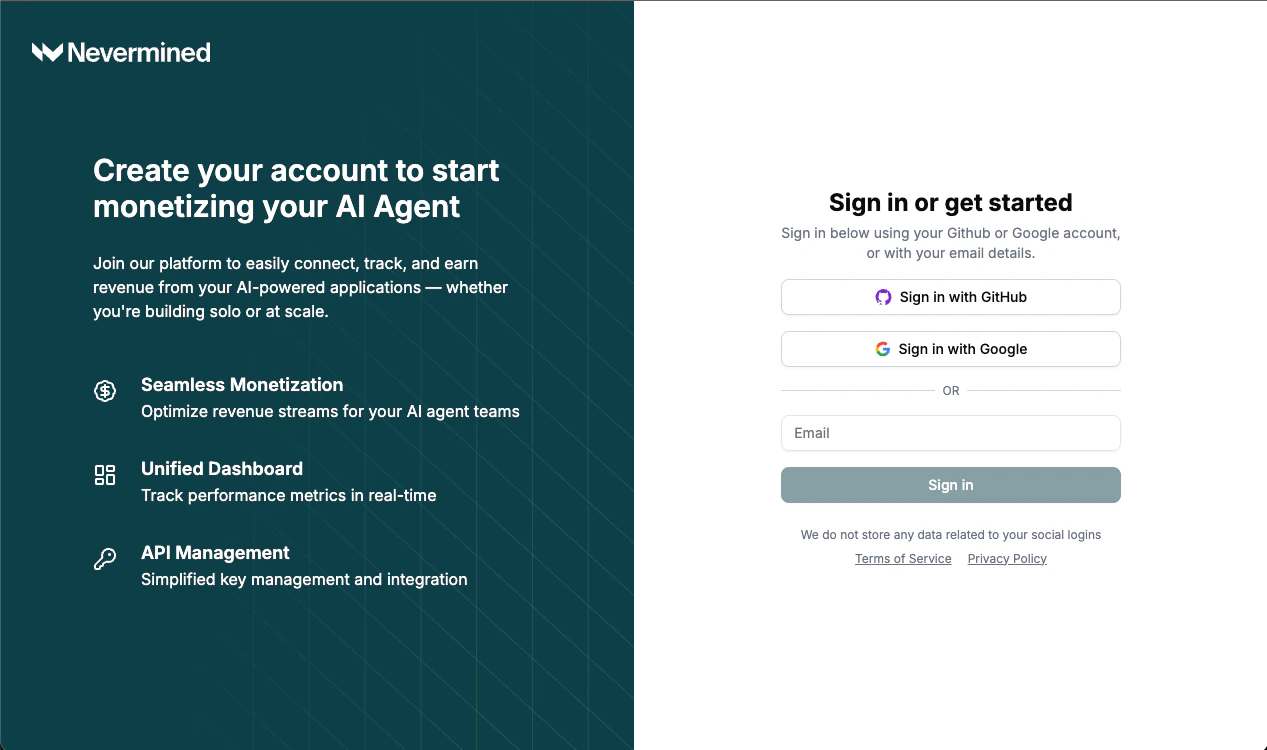 Nevermined Login Page