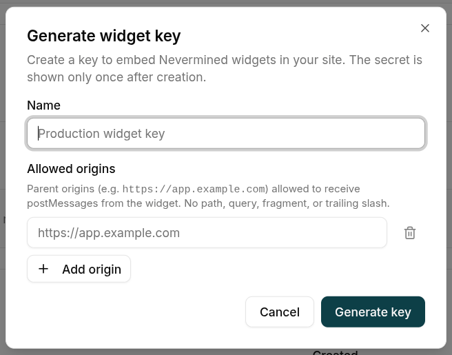 Generate widget key dialog with name and allowed origins
