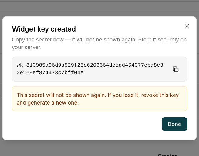 Widget secret shown once after creation