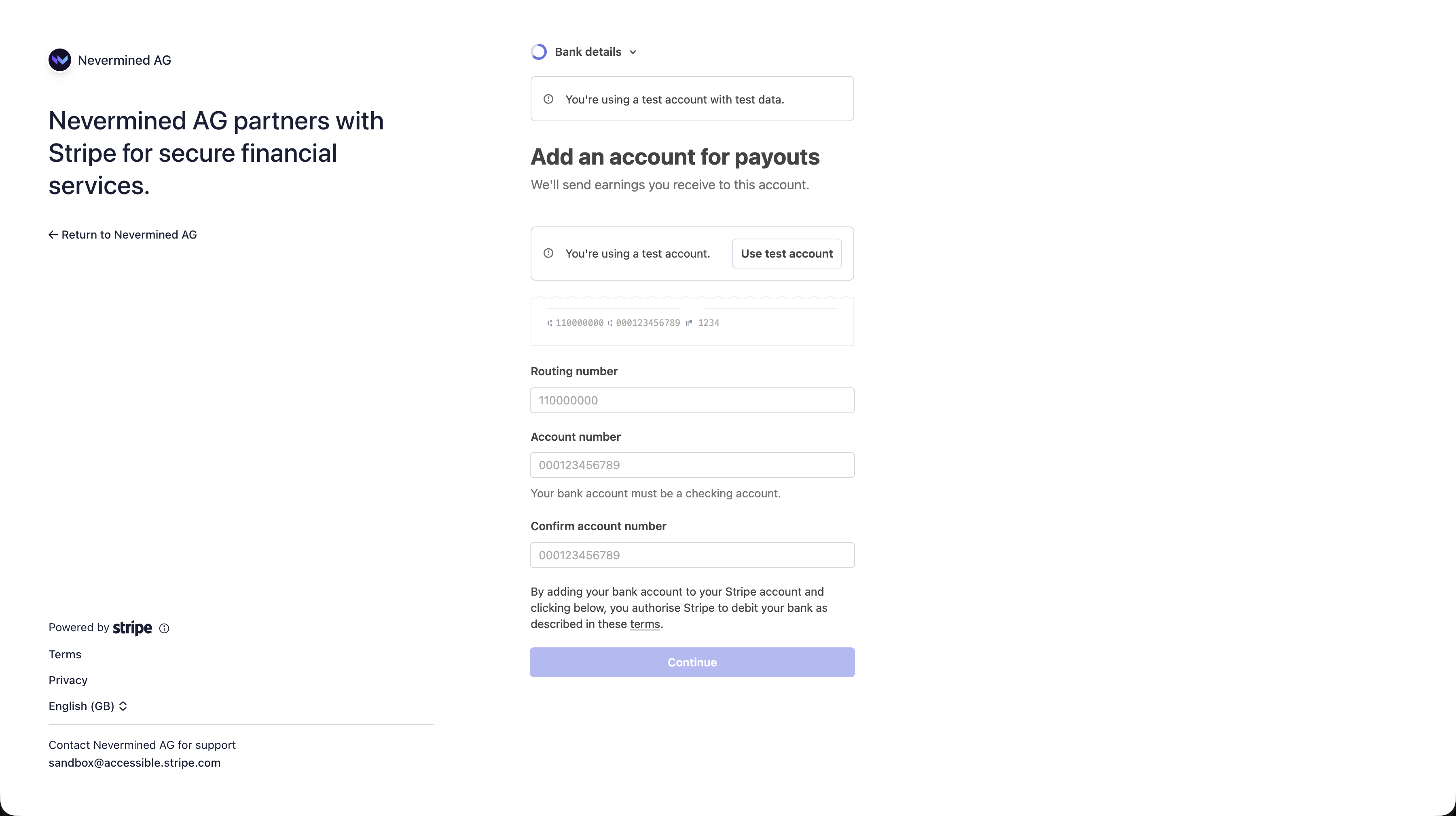Stripe Connect bank details step