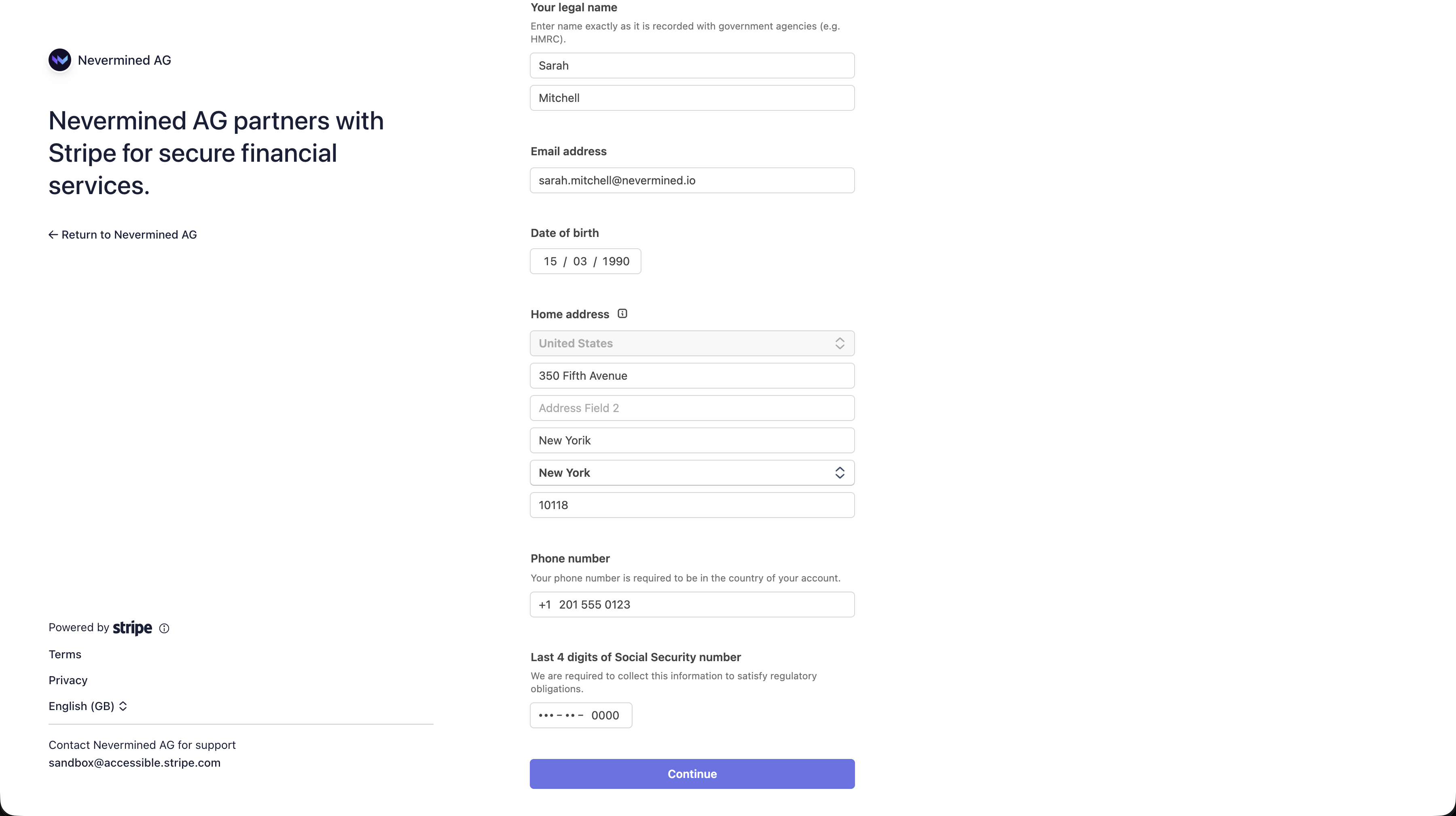 Stripe Connect personal details step