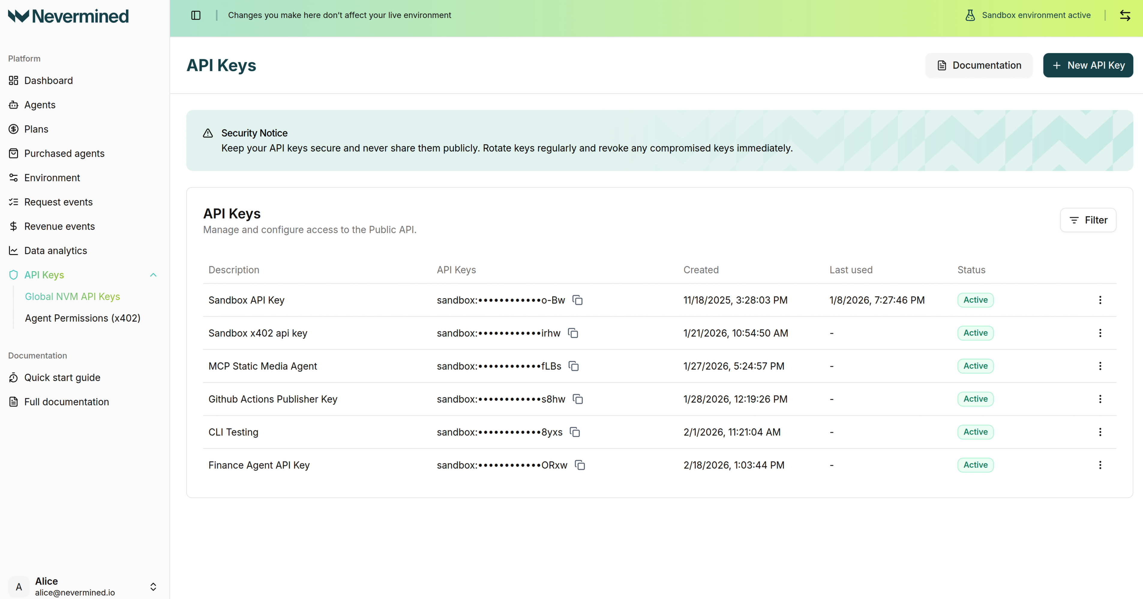 Global NVM API Keys page
