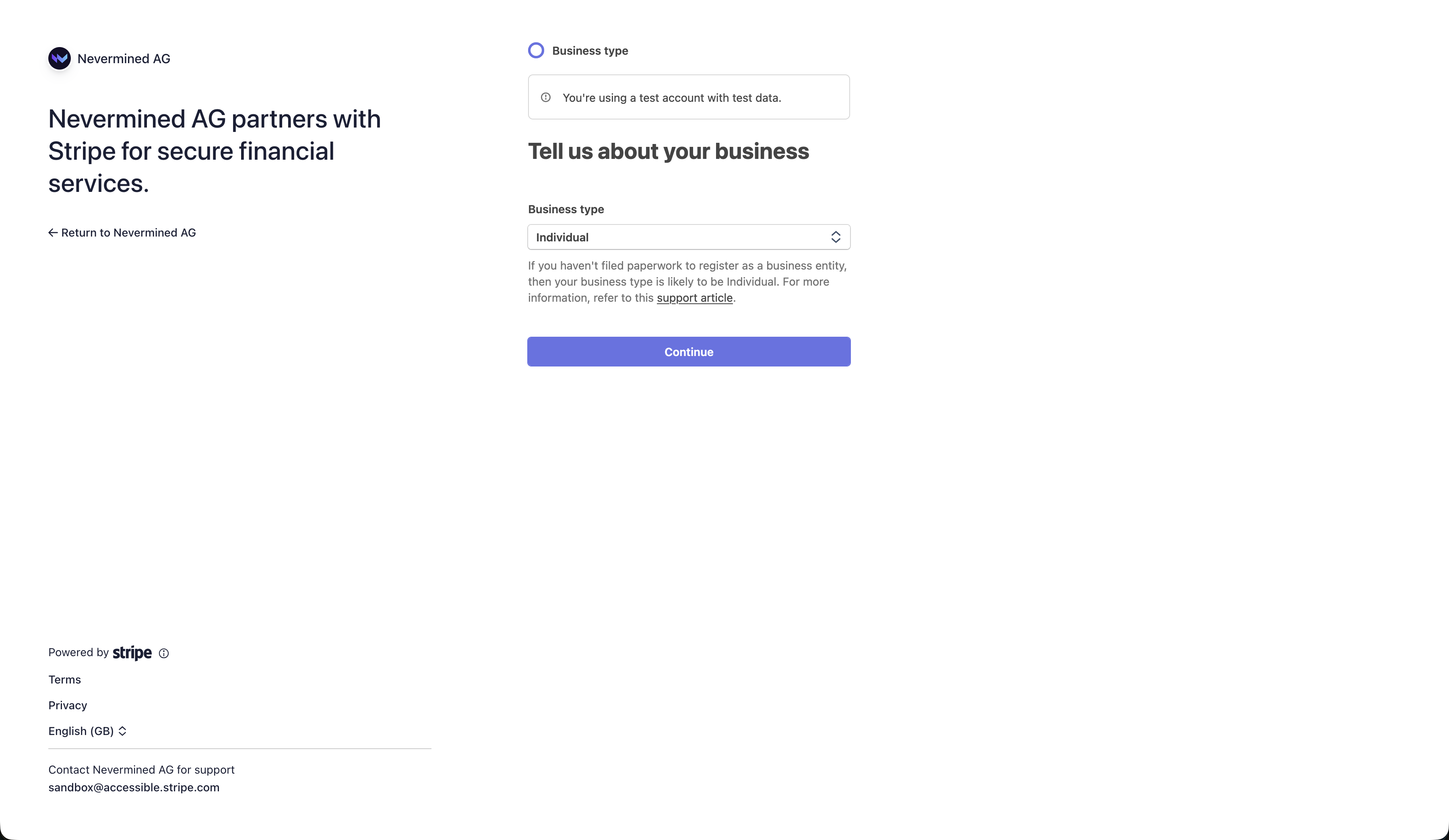 Stripe Connect business type step