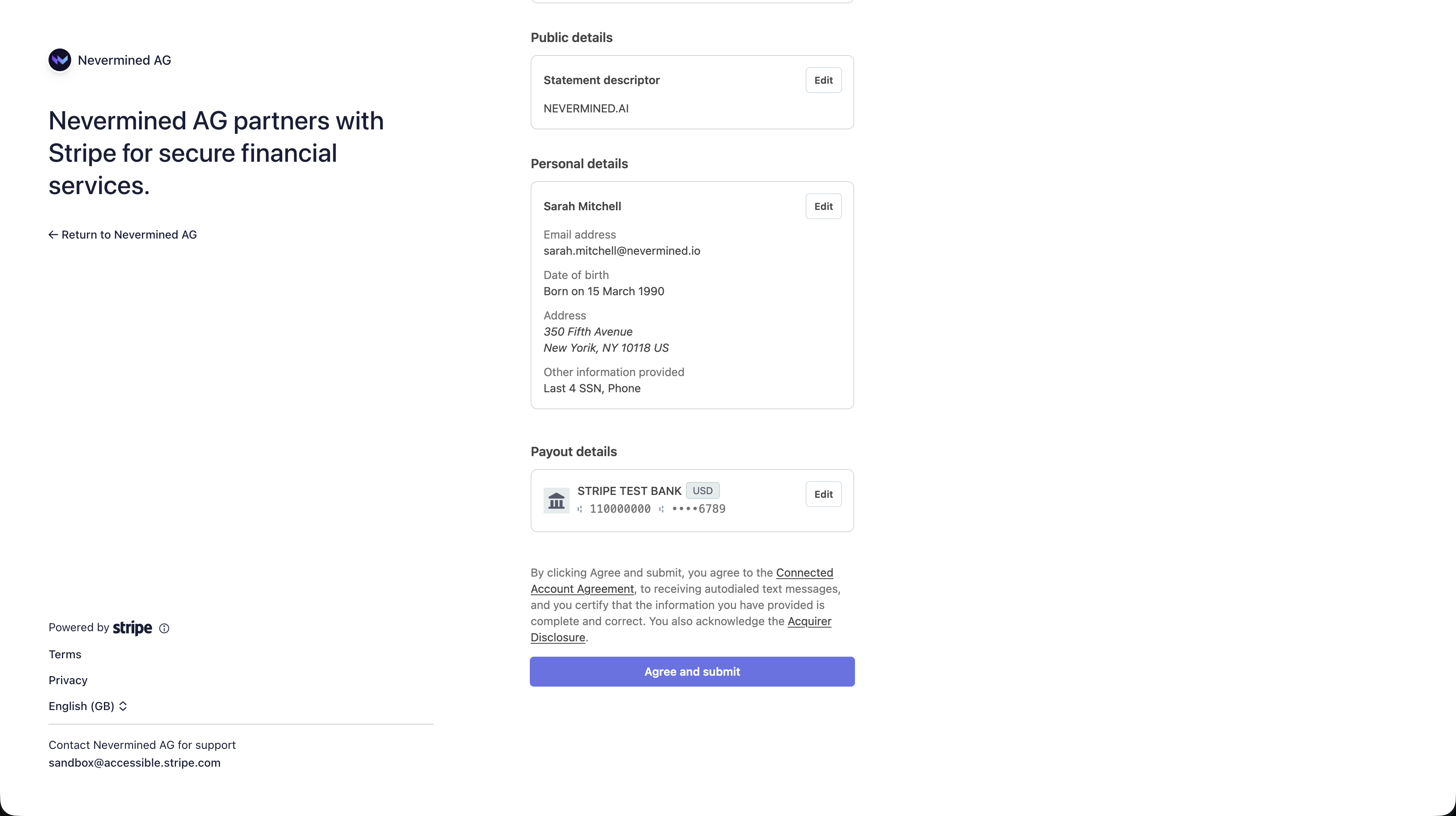 Stripe Connect review and submit step