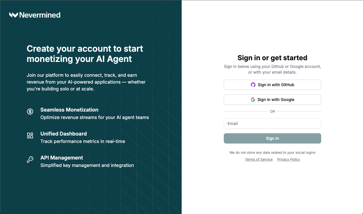 Nevermined Login Page