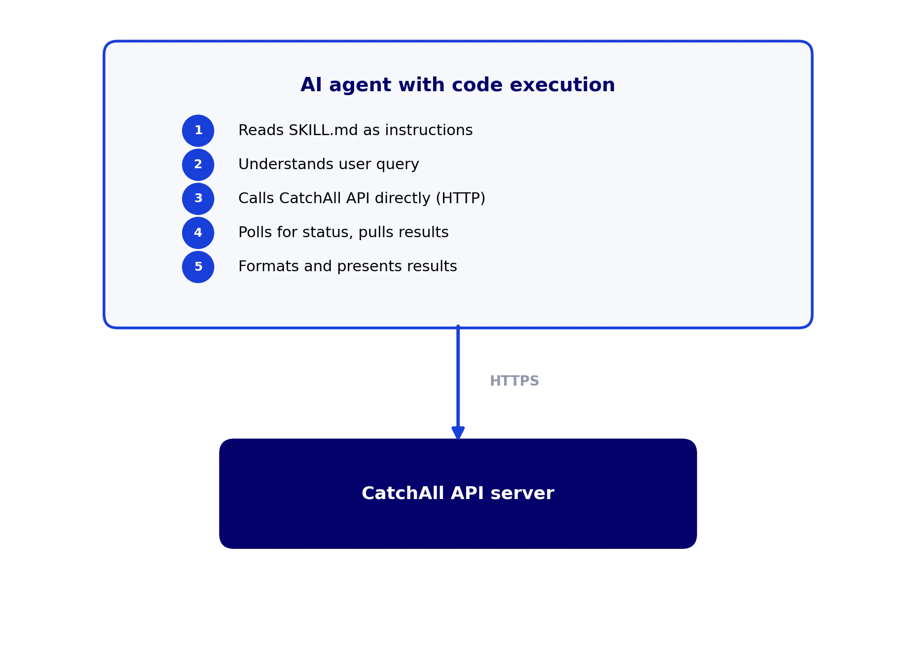 Diagram showing an AI agent with code execution reading SKILL.md and calling the CatchAll API server directly over HTTPS.