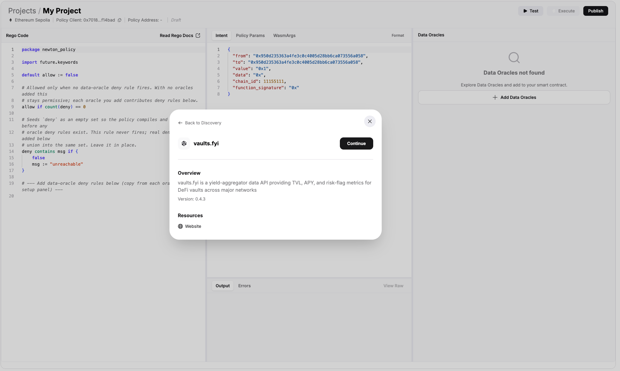 Policy pack detail view showing the Overview and Continue button