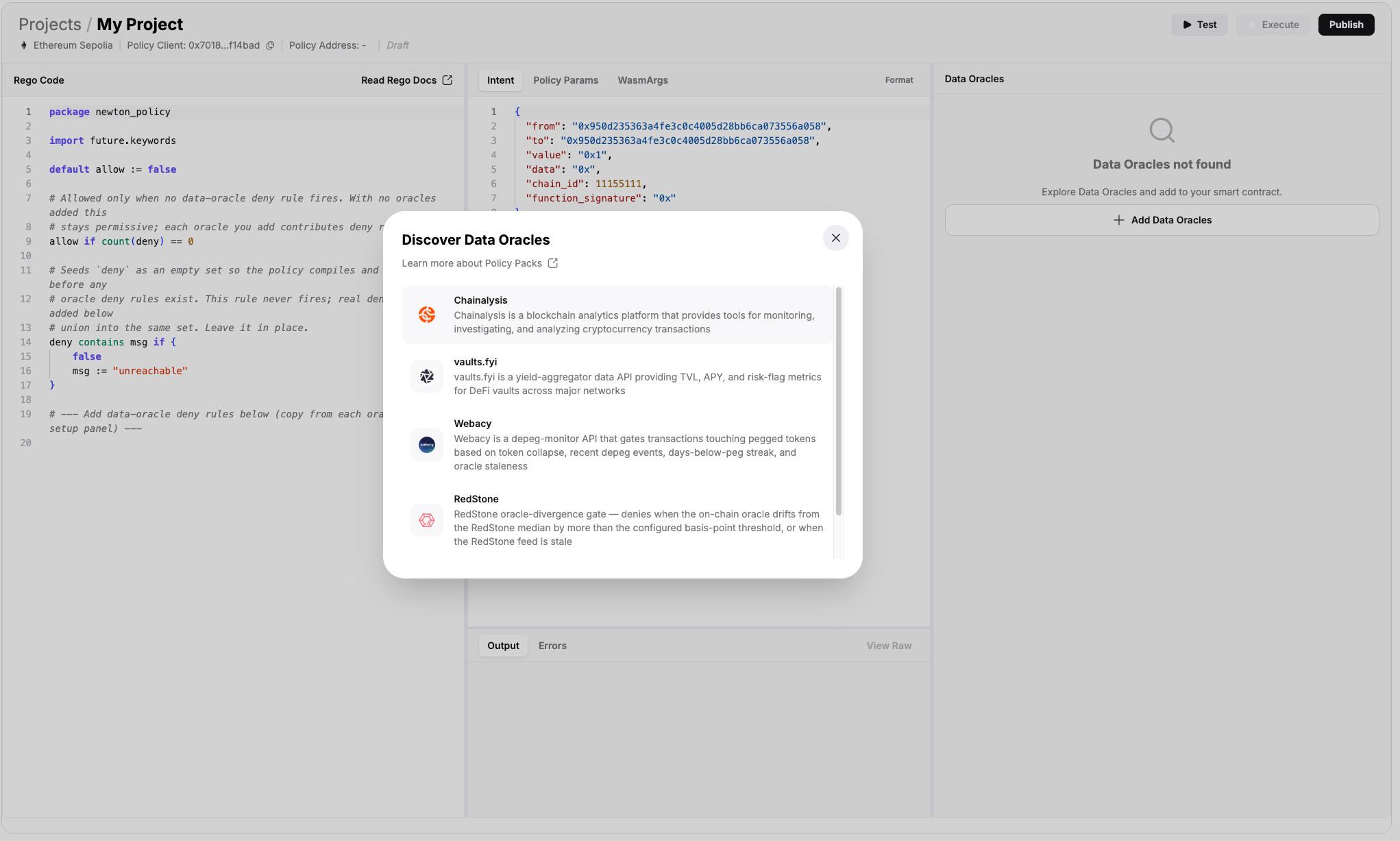 Discover Data Oracles modal listing the available policy packs