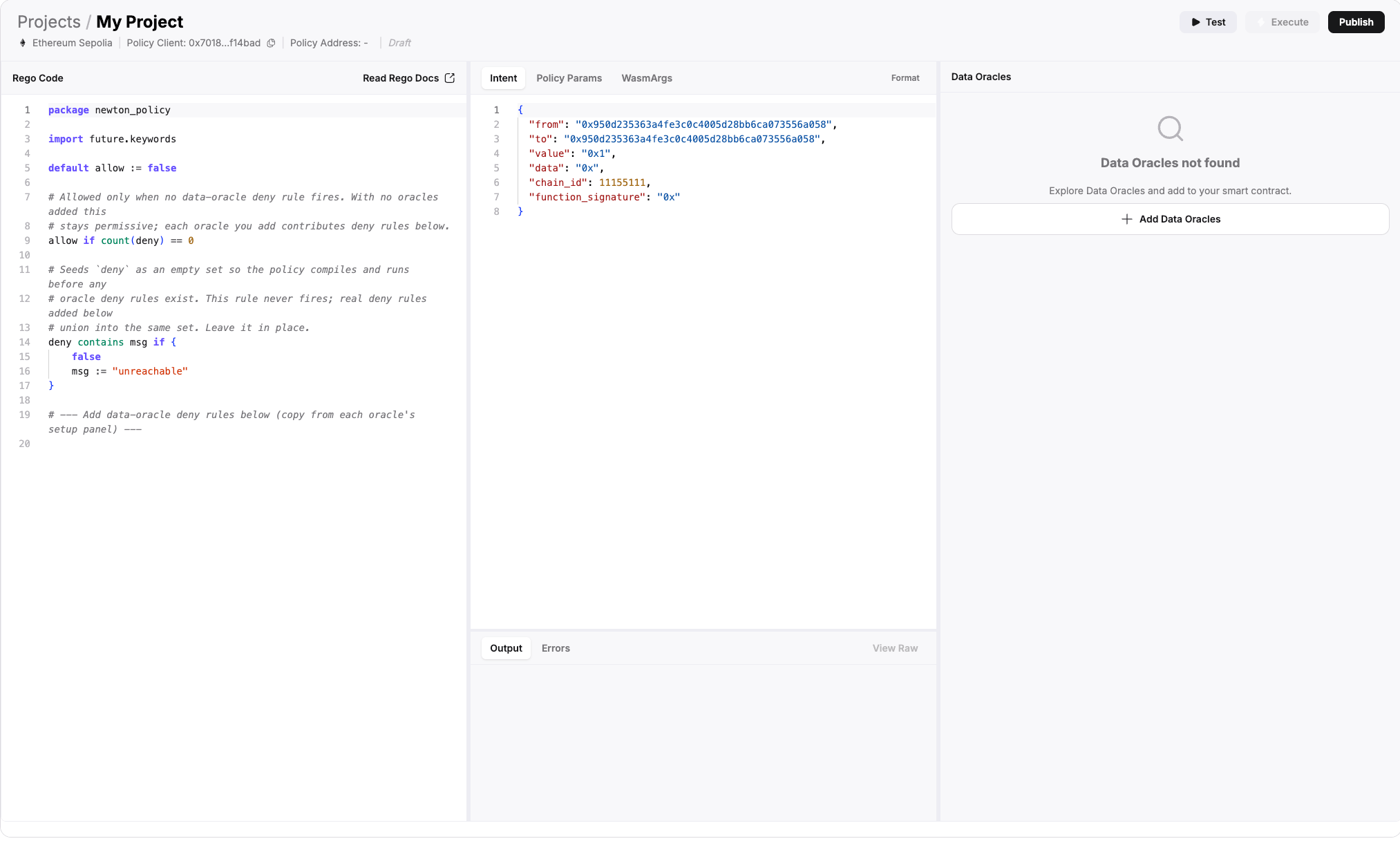 Policy editor with an empty Data Oracles sidebar and the Add Data Oracles button