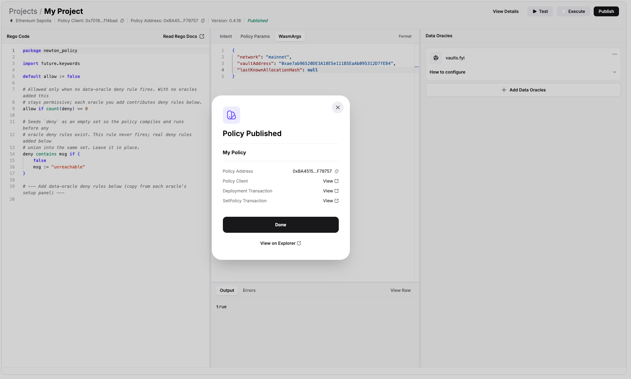Publish Policy modal in the Newton Dashboard