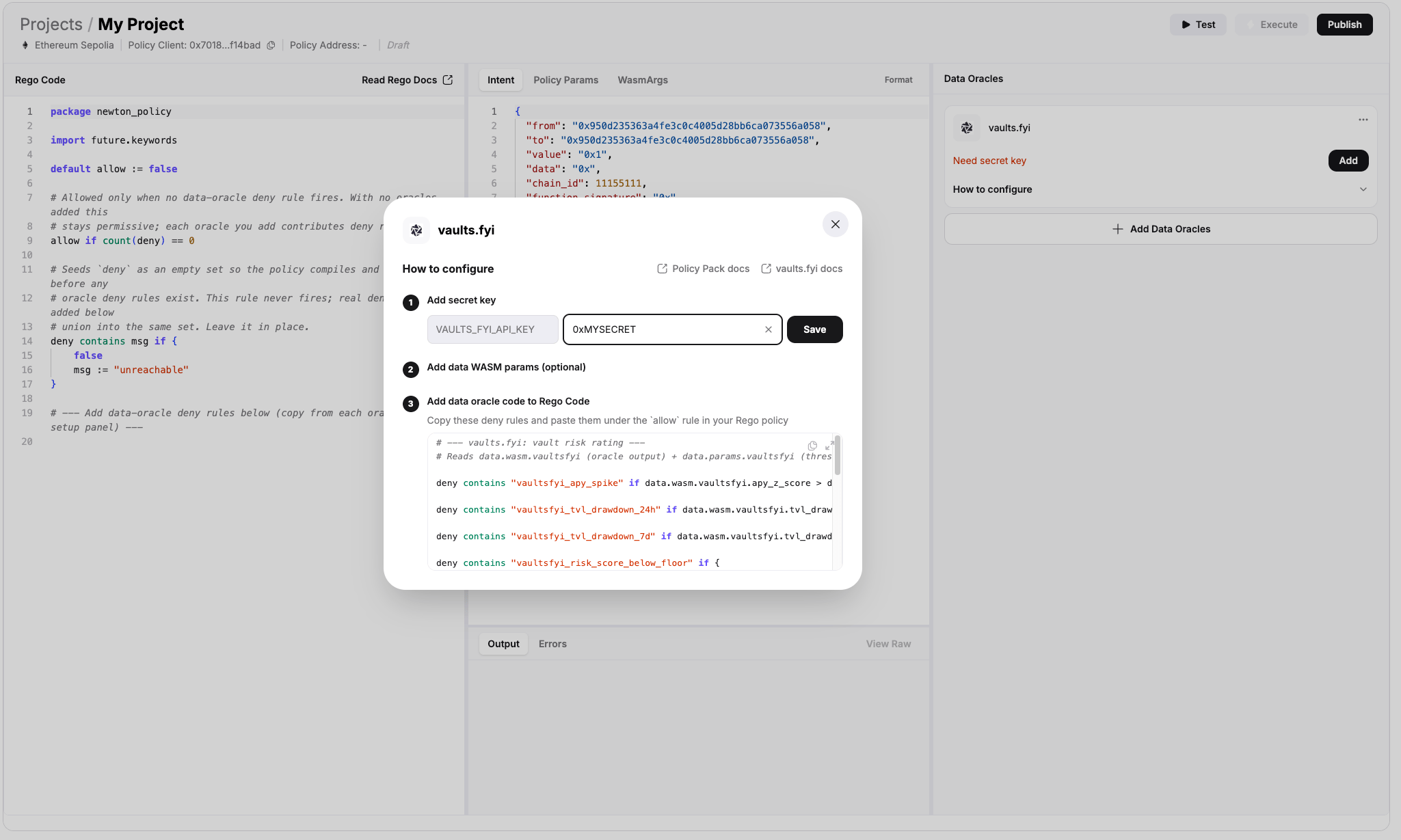 Data oracle setup form for entering a pack's secret key