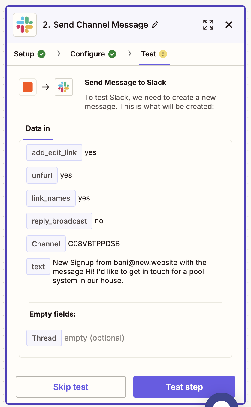 Testing the Slack integration with form data